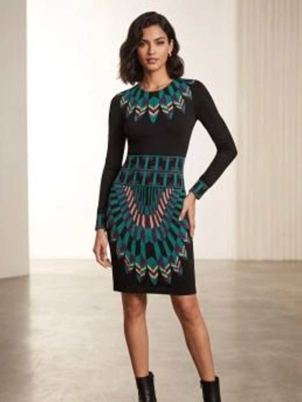 Tory Burch Silk Black Green Purple Feathered Print Knee Length Dress XS